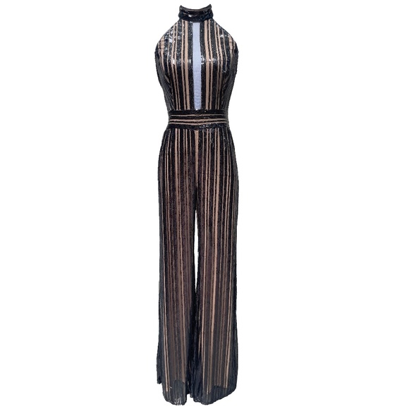 SHO by Tadashi Shoji Black Sequin Stripe Sleeveless Jumpsuit - Picture 6 of 7